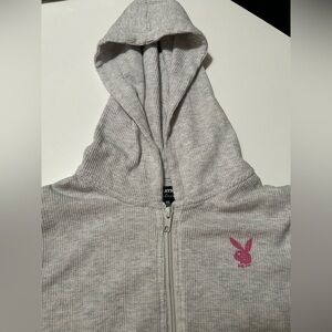 PLAYBOY by PacSun Light Gray Hoodie Waffle Knit Top Sweatshirt